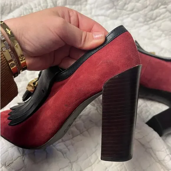 Tory Burch Red Black Suede Leather Tassel Chunky Square Toe Heels Size 7 - Picture 8 of 10
